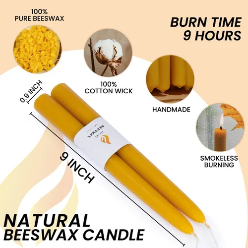 Miniatura 2 de 8 velas cónicas de cera de abeja, velas naturales hechas a mano de 9 pulgadas, sin goteo y sin humo, 9 horas de tiempo de combustión crudo