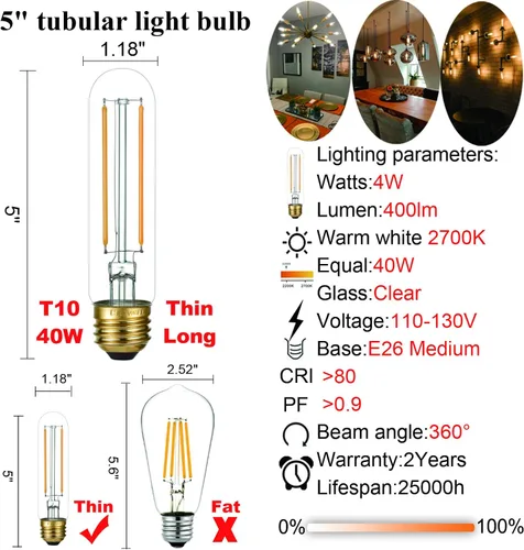 Miniatura 5 de LiteHistory Bombilla LED E26 regulable de 4 W igual a 40 W, blanco cálido, 2700 K, E26, Edison AC120V, 400 lm, tubular, T9 T10, bombilla LED