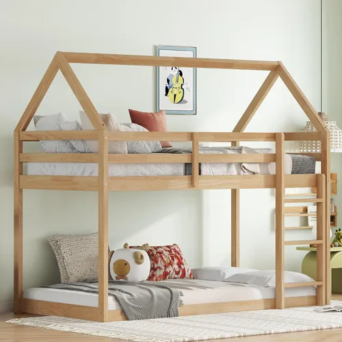 Miniatura 22 de Litera de tamaño individual sobre individual, litera de piso con escalera, barandillas de seguridad, literas de madera para camas individuales