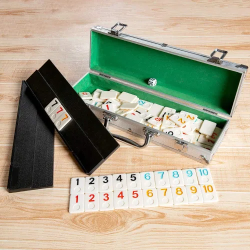 Miniatura 9 de Homwom 106 Tiles Rummy Game – Juegos de viaje Rummy Juego de mesa Rummy con estuche de aluminio y 4 bandejas antideslizantes duraderas