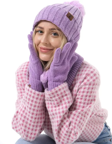 Miniatura 6 de Gorros de invierno para mujer, bufanda, calentador de cuello, guantes de pantalla táctil, con forro polar cálido, gorras de calavera de punto