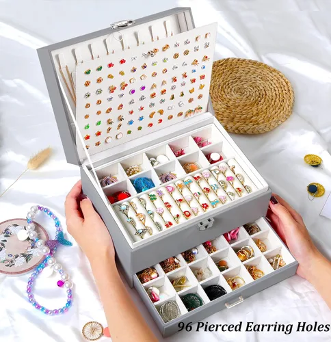 Miniatura 24 de Joyero de pendientes para mujeres y niñas, organizador de aretes de 5 capas, caja organizadora de joyas blanca con candado, collares y aretes