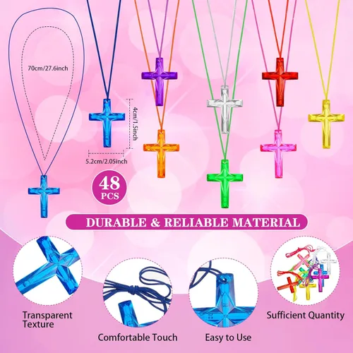 Miniatura 2 de Equsion 48 collares de cruz cristiana religiosa para fiestas de Pascua, incluye 24 collares de cruz de cristal de plástico, regalos de manualidades