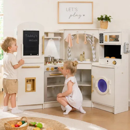 Miniatura 11 de Conjuntos de Cocina de Jugar de Madera Grandes en Rincón con Máquina de Hielo, Dispensador de Agua, Panificadora, Lavadora, Pantalla Electrónica