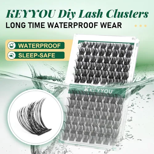 Miniatura 2 de KEYYOU Racimos de pestañas, 96 piezas de extensiones de pestañas DIY, rizado D de 16 mm, negro, realista, no irritante, fácil de colocar en casa