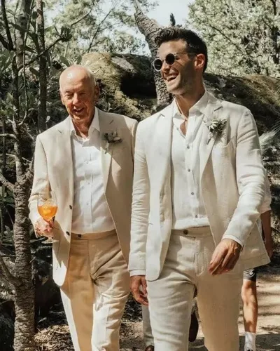 Miniatura 3 de HUUTOE Trajes de lino de 2 piezas para hombre, ajuste delgado, casual, playa, boda, verano, novios, padrinos de boda, blazer de lino, pantalones