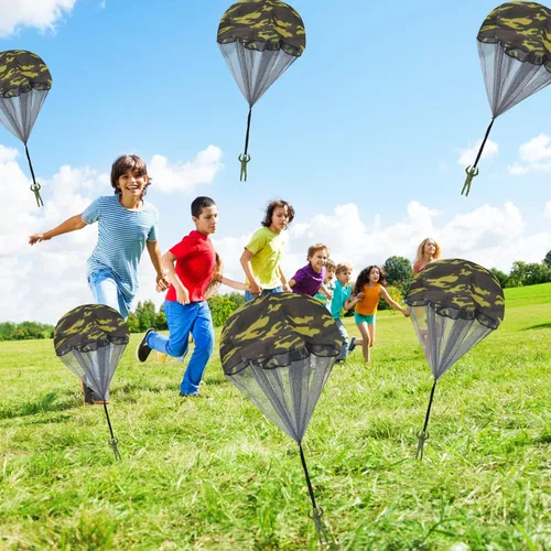 Miniatura 6 de Catcan 10 piezas de juguete de paracaídas, paracaídas de camuflaje para hombre, sin enredos, lanzar a mano, juguete volador para paracaidistas,