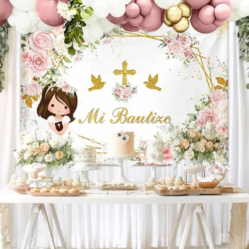 Miniatura 3 de MEHOFOND Mi Bautizo - Telón de fondo para niña, fondo de bautismo floral rosa con cruz dorada, fondo bohemio para bautizo de primera comunión, fondo