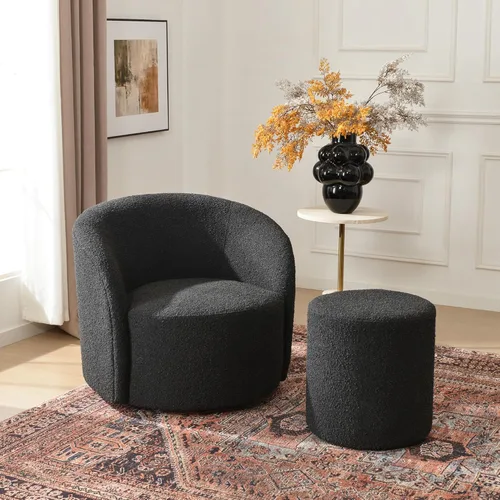 KINWELL Silla giratoria Boucle de 34 pulgadas con juego otomano redondo de 18 pulgadas, juego totalmente ensamblado de silla y reposapiés de sherpa,