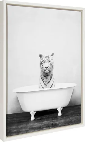 Kate and Laurel Sylvie - Lienzo enmarcado con diseño de tigre blanco en la bañera, por Amy Peterson Art Studio, 18 x 24 pulgadas, color blanco,