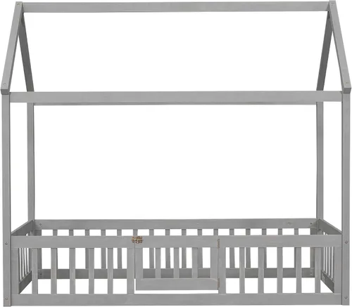Miniatura 7 de Cama de casa individual para niños con barandillas de valla, marco de cama Montessori de madera tamaño individual con puerta pequeña para niños