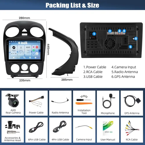 Miniatura 9 de 4+64G Android 15 Estéreo de coche para VW Beetle 2004-2010 con Carplay inalámbrico Android Auto, 9 pulgadas 1280 * 720P IPS pantalla táctil