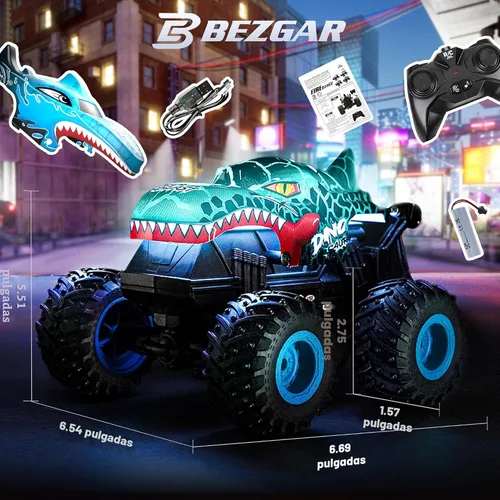 Miniatura 3 de BEZGAR Monster Truck Toys - Camiones monstruo a control remoto con luz y música, juguetes de dinosaurios para niños, camión RC a escala 1:20 con Dos