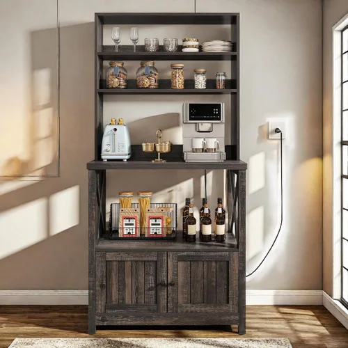 Miniatura 7 de YITAHOME Estante para panaderos con toma de corriente y puerta de gabinete de almacenamiento, soporte alto para microondas de cocina de 5 niveles
