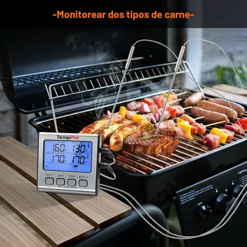 Miniatura 2 de Termómetro digital ThermoPro TP17 de doble sonda para cocinar carne, gran pantalla retroiluminada LCD, termómetro con temporizador para ahumador