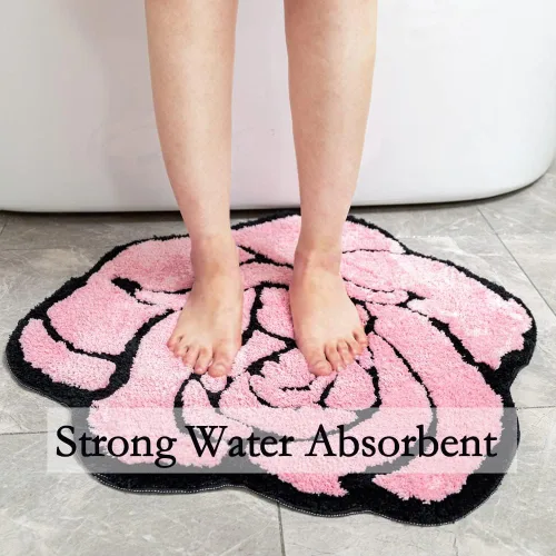 Miniatura 4 de Bonita alfombra de baño rosa para baño, antideslizante, absorbente, con forma de flor, alfombra de ducha esponjosa, decoración floral, alfombra