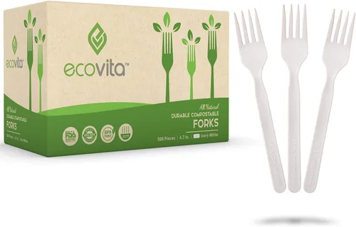 Ecovita Tenedores 100% compostables – 500 utensilios desechables grandes (7 pulgadas) tamaño a granel, ecológico, duradero y resistente al calor,