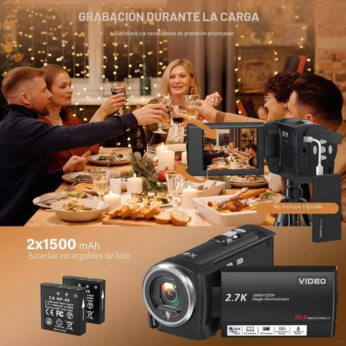 Miniatura 4 de Muitune Cámara de video QHD 2.7K 56MP 16X Zoom digital Vlogging Cámara con luz de relleno LED para YouTube, 2.8 pulgadas 270 grados de rotación LCD