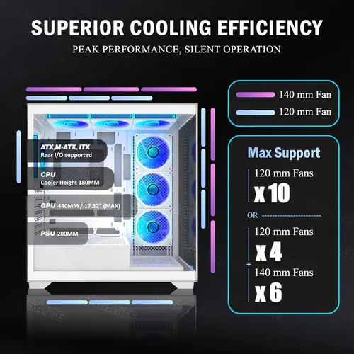 Miniatura 8 de ATX - Carcasa para PC con 7 ventiladores PWM ARGB preinstalados, carcasa de computadora de torre media con vidrio templado dual de visión completa
