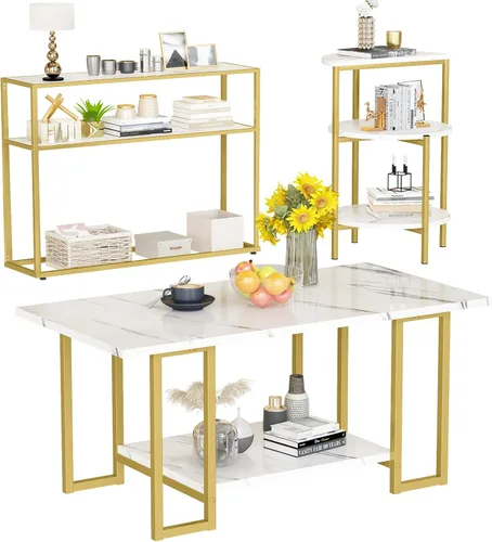 Miniatura 11 de Juego de mesa AWQM de mármol sintético, mesa de café y 2 mesas auxiliares, superficie de mesa de mármol sintético y marco de metal, juego de 3