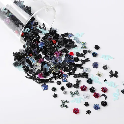 Miniatura 4 de COOSLIM 110 dijes de uñas 3D para uñas acrílicas, flor de camelia, rosa, mariposa, lazo, corazón, oso, conejo, estrella, para diseños de uñas, Negro