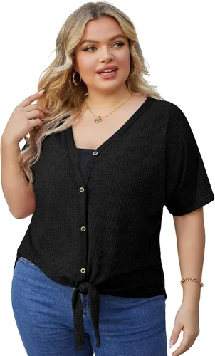 Miniatura 3 de OLRIK Blusa de manga corta con cuello en V para mujer, de punto gofre, con lazo frontal y botones