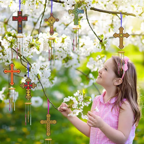 Miniatura 4 de Fennoral Paquete de 9 carillones de viento cruzados para niños, hazte dueño de la escuela dominical, manualidades para niños de madera para pintar