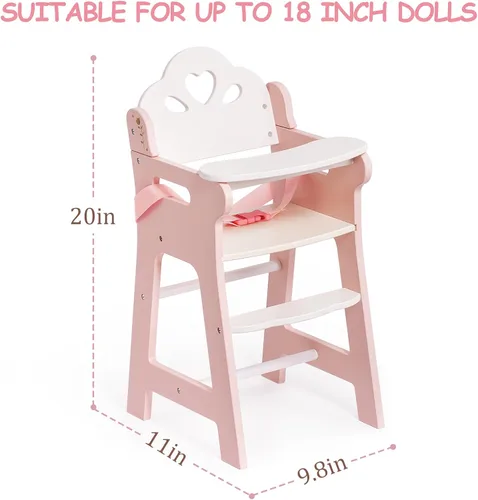 Miniatura 7 de ROBUD Silla alta de muñeca de bebé, silla alta de juego de simulación con cinturón de seguridad, accesorios de muñeca de madera rosa con mesa móvil