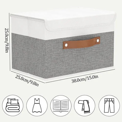 Miniatura 6 de OUTBROS Caja de almacenamiento plegable grande con tapa, organizador de armario de tela de lino, contenedores para toallas, ropa, 15 x 9.8 x 9.8