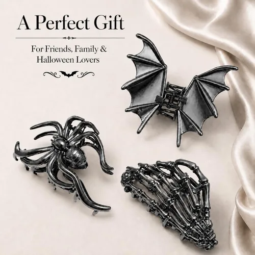 Miniatura 6 de Parcce 3 pinzas góticas para el cabello para mujer, pinzas de mano de esqueleto de murciélago negro metálico, accesorios de cabello de Halloween