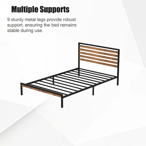 Miniatura 7 de Marco de cama individual combinado de madera y metal con cabecero, plataforma estable con soporte de listones de acero, cama doble, no necesita