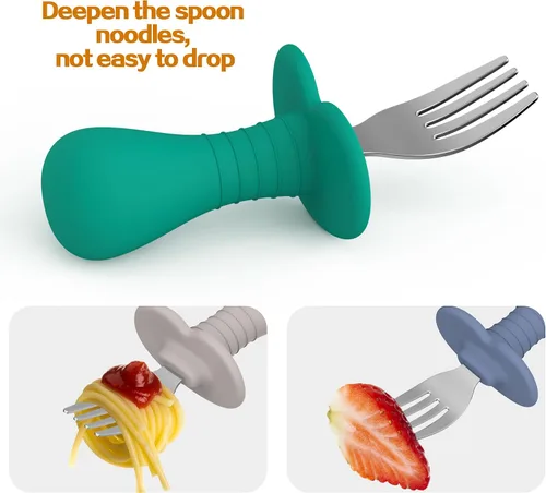 Miniatura 6 de Juego de 4 tenedores para bebés, utensilios de autoalimentación con asas de silicona suave, acero inoxidable 18/8, antiestrangulamiento y sin BPA 4