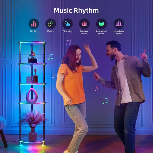 Miniatura 5 de Lámpara de pie con estantes de altura ajustable con sincronización de música LED lámpara de pie con estación de carga regulable y sincronización RGB