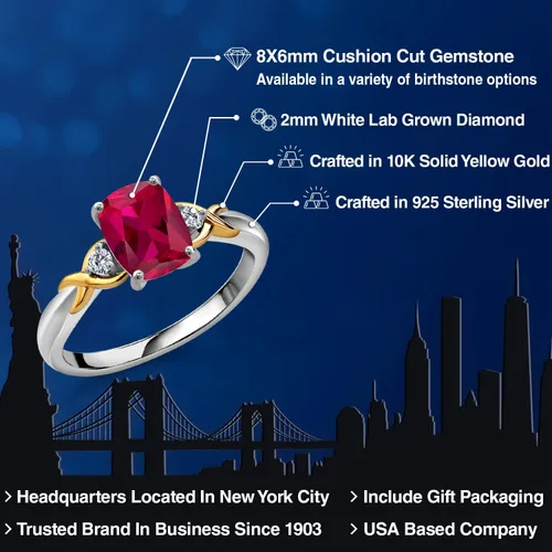 Miniatura 75 de Gem Stone King Anillo de compromiso de 3 piedras preciosas de plata 925 y oro amarillo de 10 quilates de 0.315 x 0.236 in de talla cojín y diamante