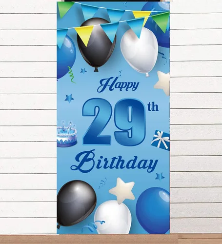 Miniatura 13 de Cartel azul de feliz cumpleaños número 11, globos de fondo de estrellas, confeti y saludos a los 11 años, decoración temática de puerta, porche