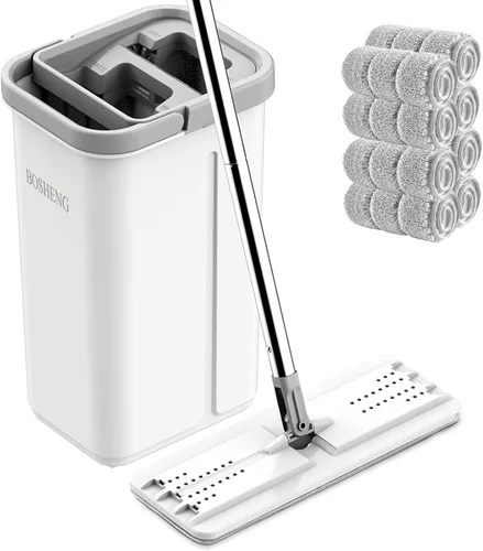Miniatura 10 de BOSHENG Juego de trapeador y balde con escurridor, trapeador plano de piso sin manos y cubeta, incluye 5 almohadillas de microfibra lavables, uso