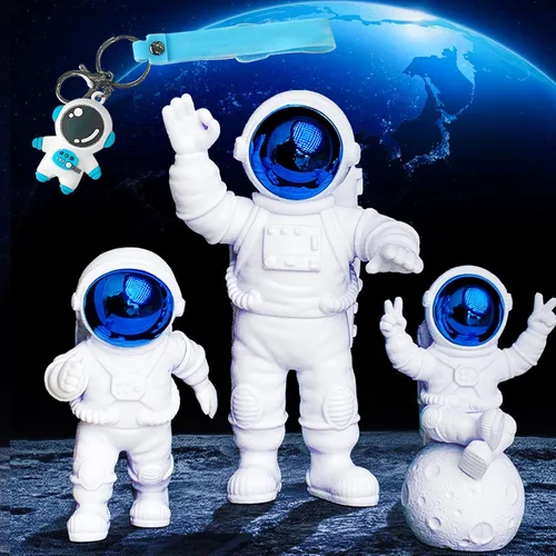 Juego de 4 piezas de decoración de estatua de astronauta, adorno de figura de astronauta de poliresina azul, 3 piezas de espejo y 1 llavero para