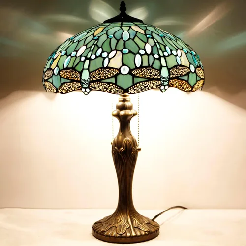 Miniatura 2 de WERFACTORY Tiffany Lámpara de mesa de noche de cristal azul mar, lámpara de mesa estilo libélula luz de lectura de escritorio, base de metal, 16 x