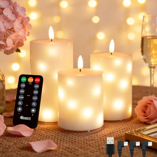 LEDHOLYT Vela recargable sin llama, vela de pilar LED parpadeante de cera real, vela electrónica con control remoto y temporizador, recargable por