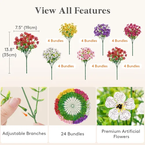 Miniatura 8 de Lifewit Flores artificiales para interiores y exteriores, 24 paquetes de flores falsas de plástico con hojas de eucalipto para decoración del jardín