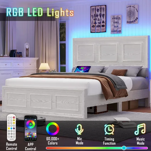 Miniatura 4 de Incyneva Base de cama matrimonial con cabecera ajustable en altura, marco de cama de plataforma de granja con puerto de carga y luces LED,