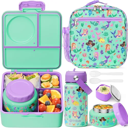 Fimibuke Caja Bento para niños y adultos – Juego de lonchera Bento de 3 a 4 compartimentos a prueba de fugas con tarro de comida aislado, botella de