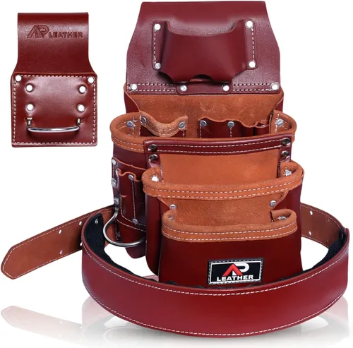 Bolsa de herramientas de cuero AP LEATHER Pro-015 para construcción, resistente, con soporte para martillo, hebilla, 3 bolsillos grandes con Granate