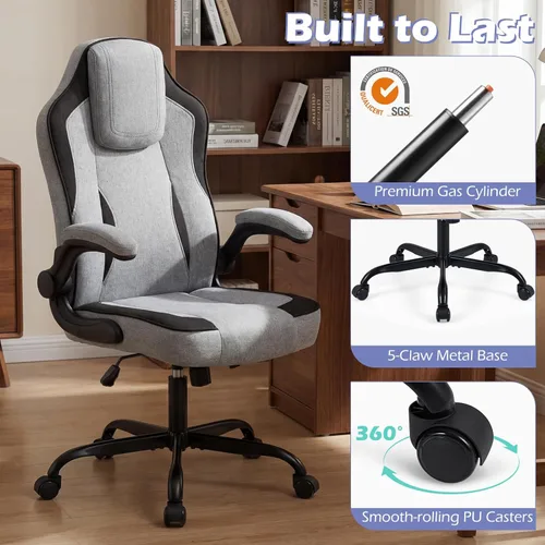 Miniatura 8 de Giantex Silla de oficina ergonómica, silla de escritorio de tela de lino con reposabrazos abatibles de 90°, altura ajustable, función mecedora, Gris
