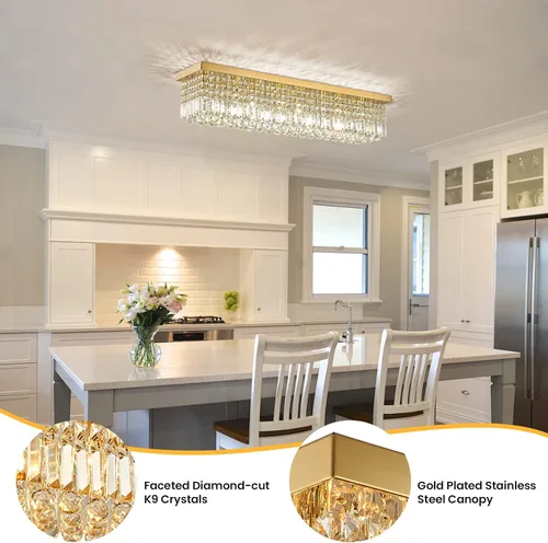 Miniatura 8 de Siljoy Candelabro de Cristal Moderno de 6 Luces Rectangular Dorado K9 Candelabro de Cristal en Forma de Gota de Lluvia para Comedor, Lámpara