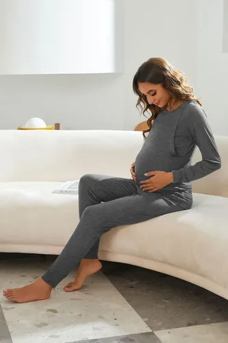 Miniatura 4 de Ekouaer Conjunto de ropa interior térmica de maternidad y lactancia, conjunto de pantalones largos de punto a rayas, capa base superior e inferior