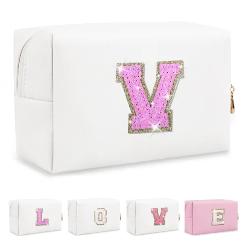 Miniatura 410 de Pequeña bolsa de maquillaje personalizada con inicial A-Z Preppy Patch, bolsa de cosméticos de viaje de felpilla blanca con cremallera, bonita bolsa