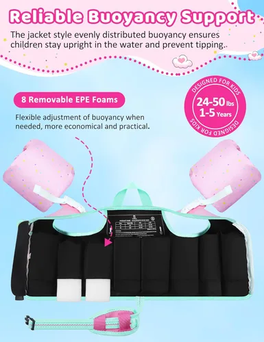 Miniatura 4 de Vvinca Toddler Swim Vest for Kids 24-50lbs,Toddler Floaties Puddle Pool Float Jumper 24-30-50 Pounds for Girls Boys Ages 1-5 with Detachable Arm