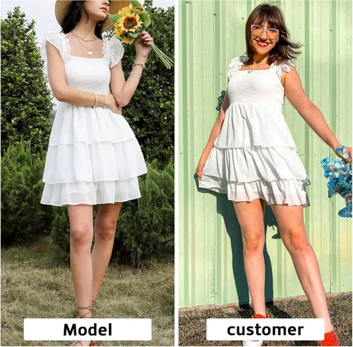 Miniatura 2 de Byinns Vestido corto sin mangas con cuello cuadrado para mujer, cintura alta, espalda descubierta, escalonado, tirantes fruncidos, casual, corto