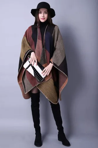 Miniatura 2 de Chal de punto para mujer a cuadros con parte delantera abierta tipo poncho tipo capa envolvente